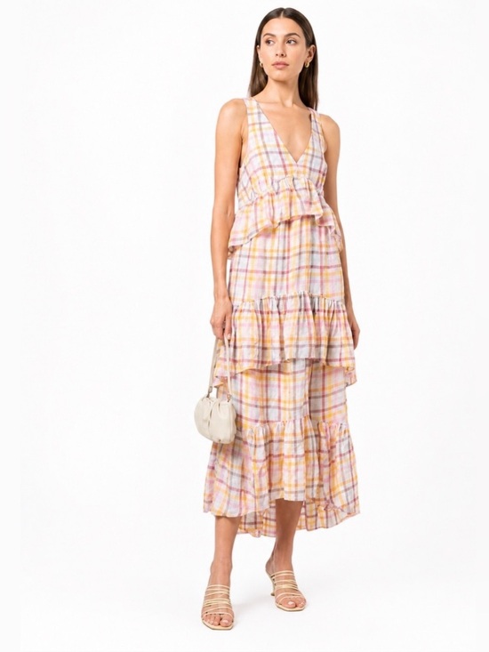 Cing A Sept Dresses & Skirts - cinq a sept Pastel Plaid Tiered V-Neck Maxi Dress in Yellow and Pink